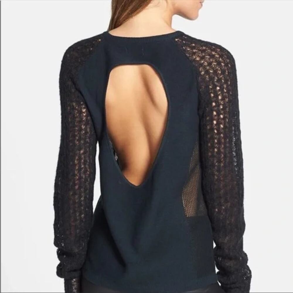 Tildon Women's Black Long Sleeve Open Back Mesh Knit Pullover Sweater Top Size S
